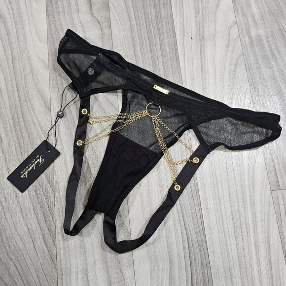 Frederick's of Hollywood Black Mesh Panties with Gold Chains and Open Back - Picture 2 of 4